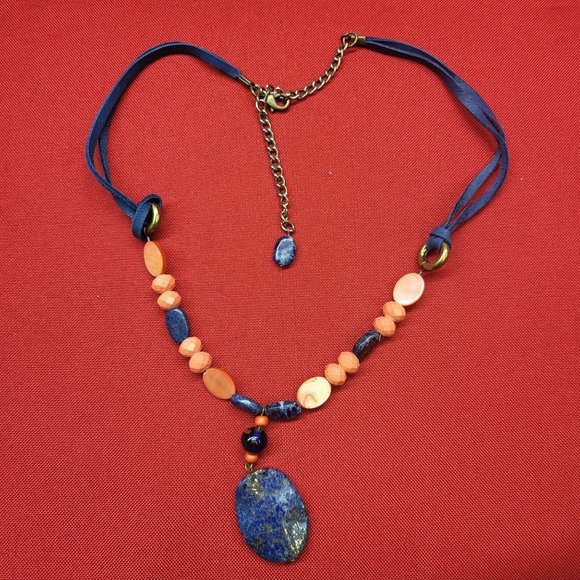 Blue Gemstone Orange Beads Blue Cord Necklace Boho Chic - Picture 7 of 9